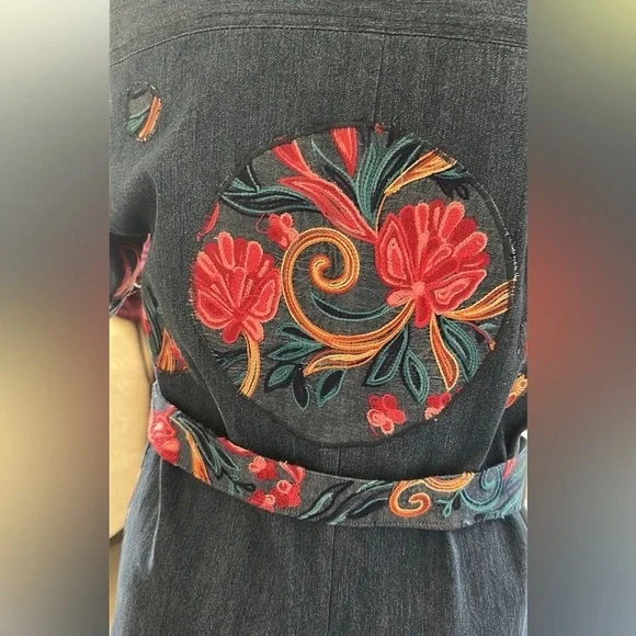 Handmade Boho Floral Denim Wide Leg Jumpsuit S/M Cotton Blend One Piece - Picture 4 of 4